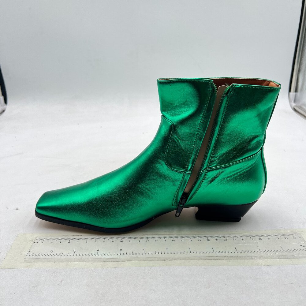 Dark Green Square Toe Ankle Booties Comfy Chunky Low Heel Side Zipper  Shoes